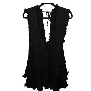 Free People Antoinette Mini Dress Black Crinkle Gauze Deep V Neckline
